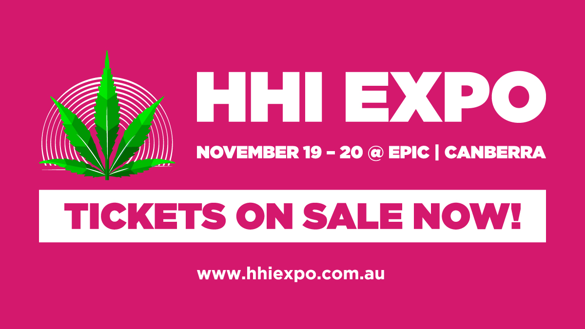 White text on pink background reads, "HHI Expo - November 19-20 @ Epic Canberra - Tickets on Sale Now! In the top left corner is an image of a cannabis leaf.