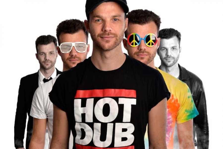 A portrait of Tom ‘Hot Dub’ Lowndes standing in front of his four other stage personas.