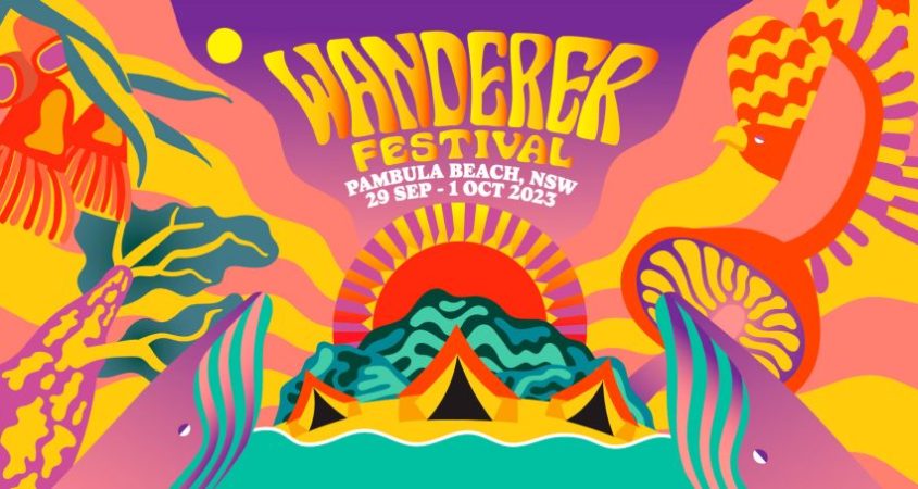 Poster for the Wanderer Festival. A brightly coloured illustrated scene of the festival campground. Featuring tents mountains, mushrooms, wildlife and a sunrise.