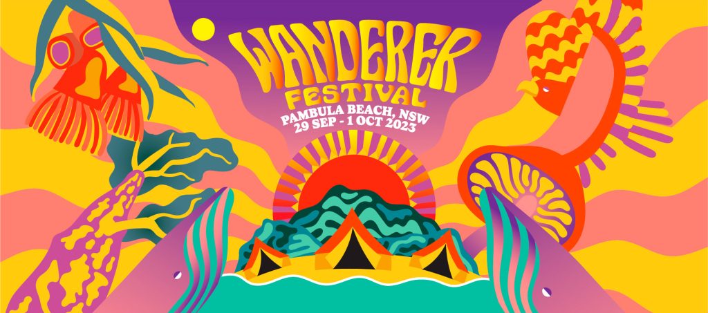 Poster for the Wanderer Festival. A brightly coloured illustrated scene of the festival campground. Featuring tents mountains, mushrooms, wildlife and a sunrise.